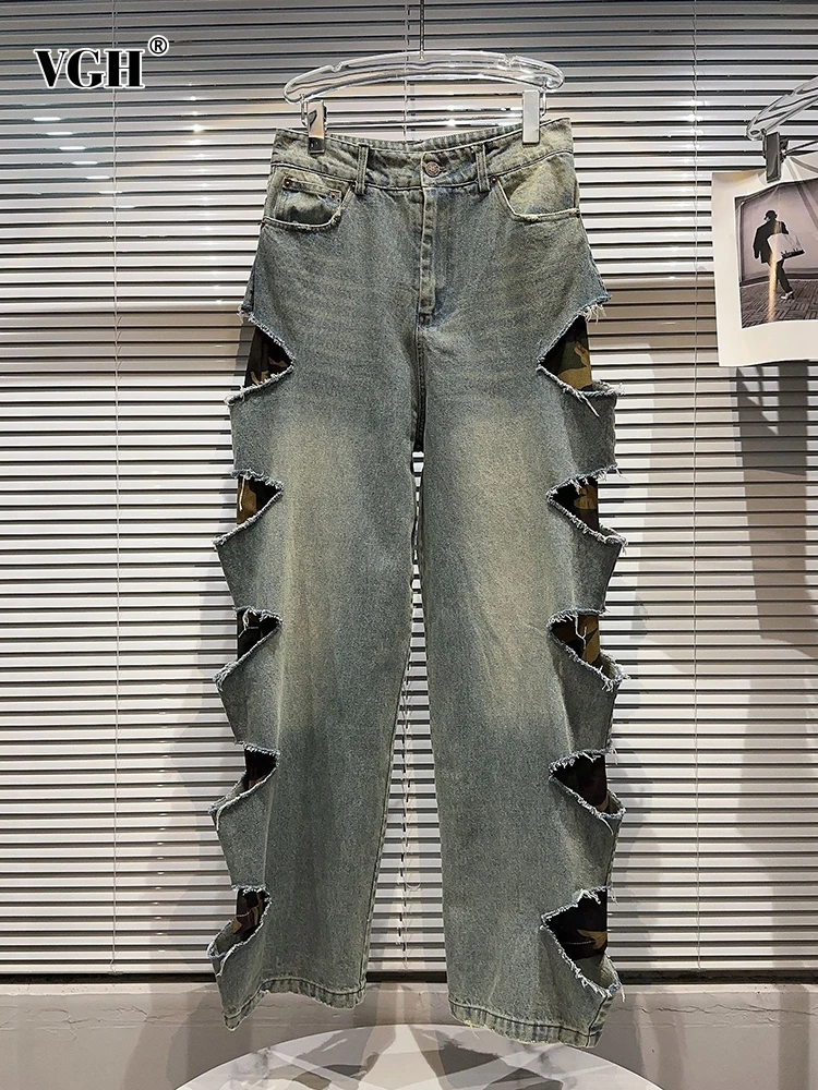 

VGH Solid Hollow Out Loose Denim Trousers For Women High Waist Patchwork Pocket Lined Streetwear Wide Leg Pants Female Fashion