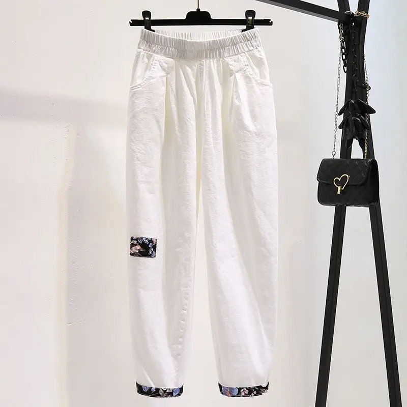 2024 Summer New Simple Cotton and Hemp Embroidered Women's Wear Elastic Waist Loose and Slim Casual Haren Ankle Length Pants
