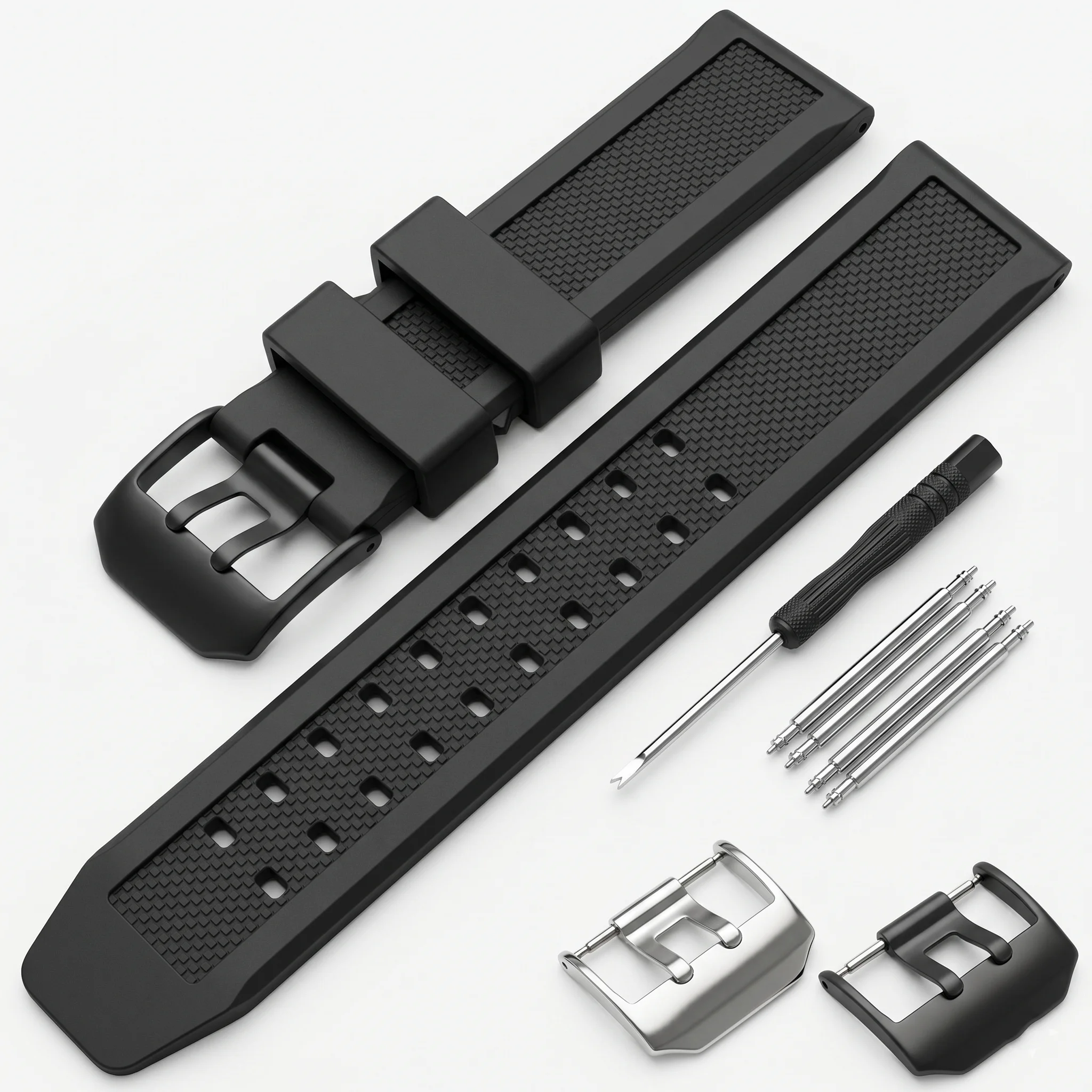 Men's Black Sporty Silicone Watch Band - Waterproof Rubber Strap with Stainless Steel Buckle