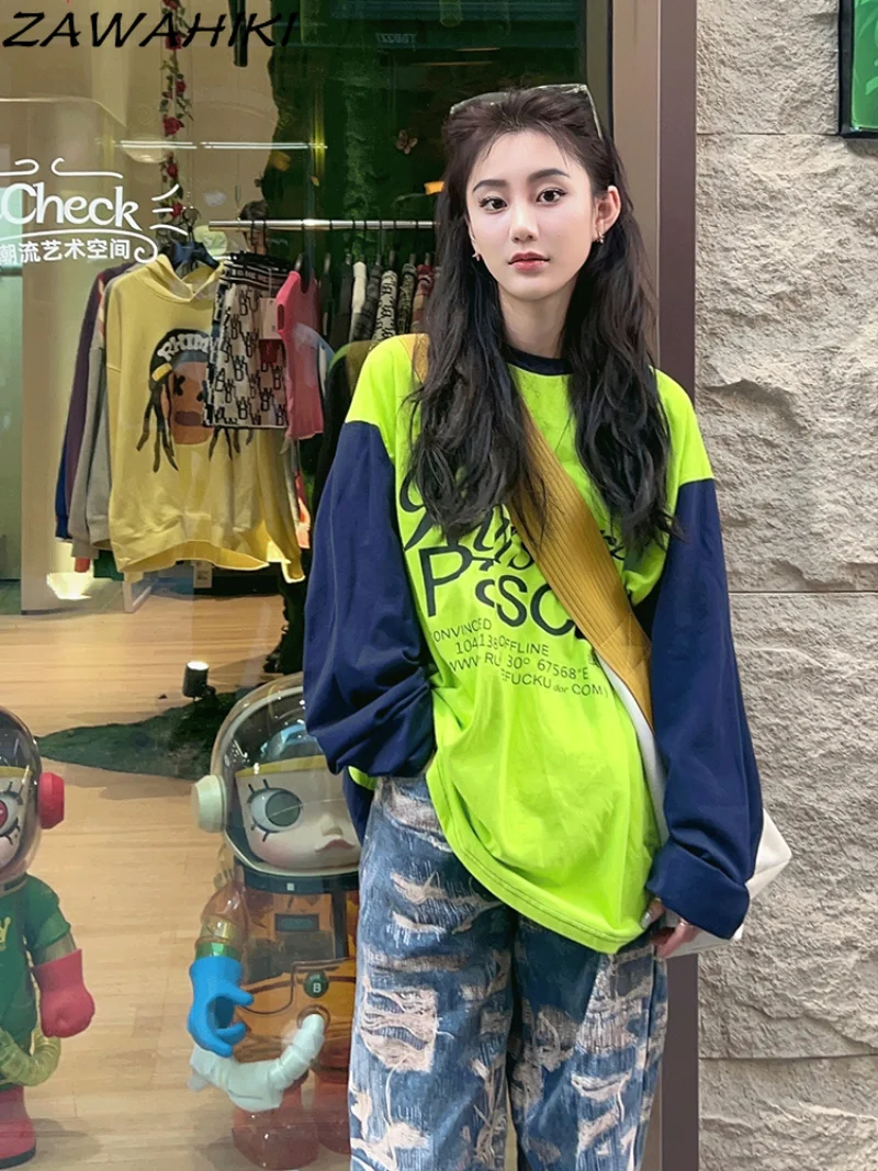 

American Retro Patchwork Contrast Color Long Sleeve T Shirt Spring Autumn New Loose Letter Print Streetwear Chic Casual Harajuku
