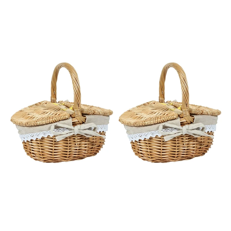 

2X Handmade Wicker Basket With Handle, Wicker Camping Picnic Basket With Double Lids With Cloth Lining Promotion
