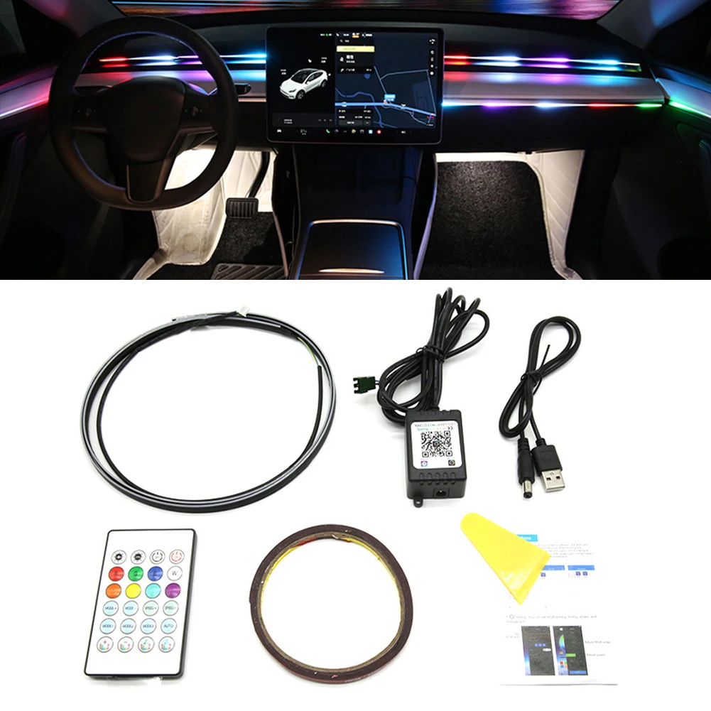 

Car Interior Light 64 Colors Optical Auto LED Neon Light Flexible Atmosphere Strip Lamp APP Remote Control Music Sync Rope Light