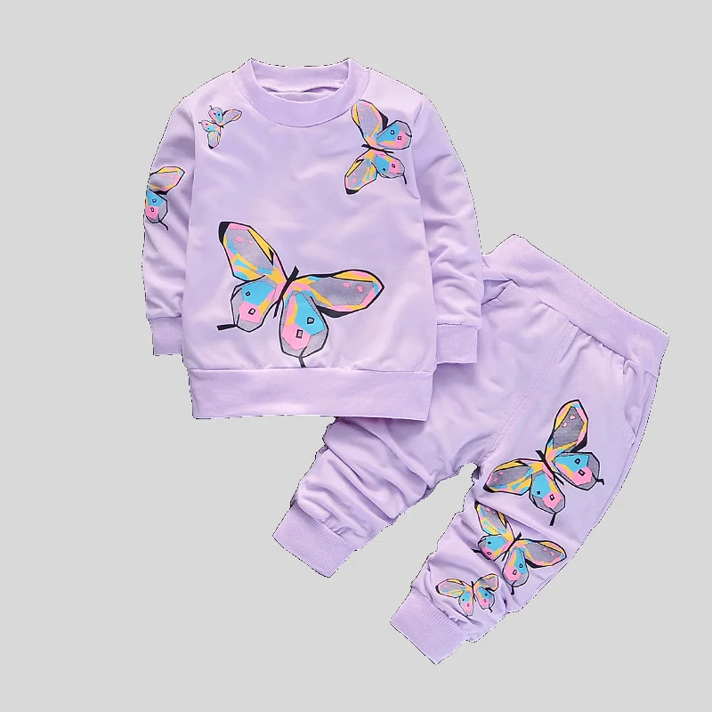 Girls 2Pcs Tracksuit Colorful Butterfly Print Crew Neck Long Sleeve Sweatshirt Elastic Cuff Jogger Pants Kids Casual Outfit Set 4