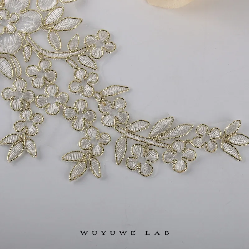 4 teile/los Gold Weiß Spitze Applique Patch Blume Spitze Stoff für Braut Kleid Hochzeit Zubehör Tuch DIY Handwerk breite 23x12cm