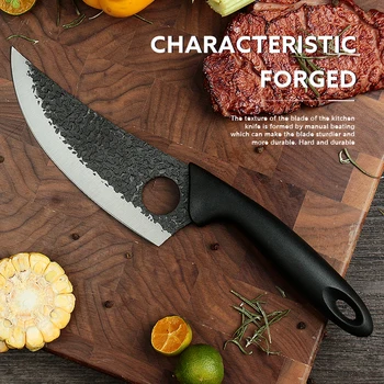 Coltello per legare da 5,5 "con foro per le dita Coltelli da chef da cucina in acciaio inossidabile forgiato a mano Mannaia per carne Coltello da macellaio da pesca per chef 1