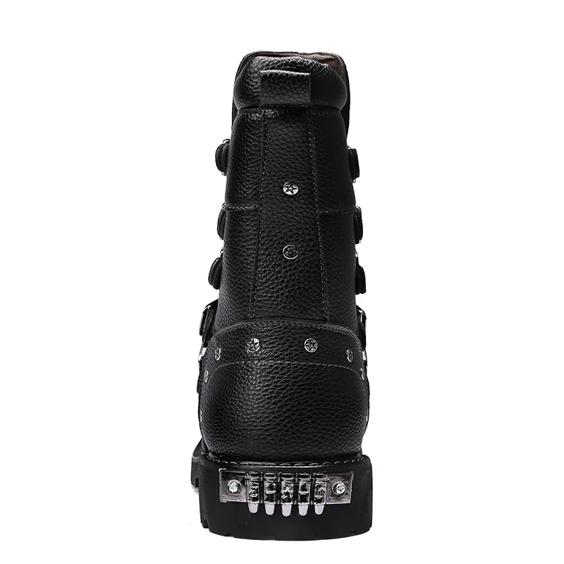 Black Leather Men's Platform Ankle Boots Square Toe Lace Up Shoes_voghion.com