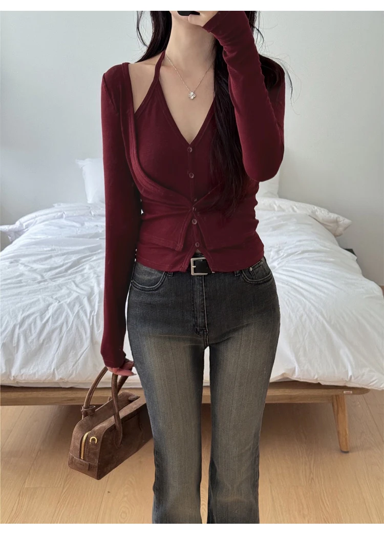 Sexy Hottie Slim Fit Vielseitige Elegante frauen Top Koreanische Dongdaemun Neckholder Langarm T-Shirt Frühling Neue Solide Stricken tees – Detail 11