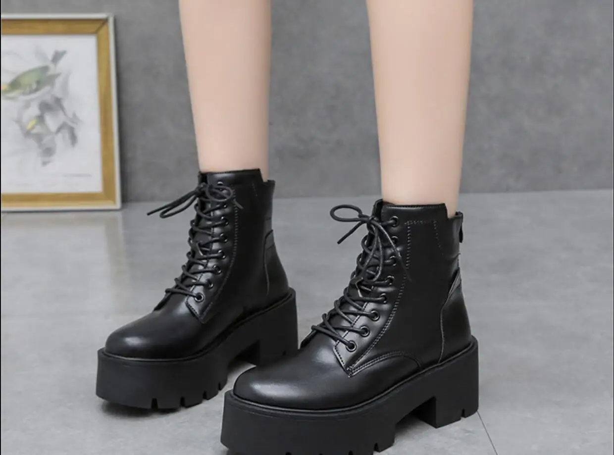 Women's Ankle Boots Lace Up Square Toe Ladies Boots Thick Bottom Non-slip High Heels Female Shoes Winter Footwear Boots Large