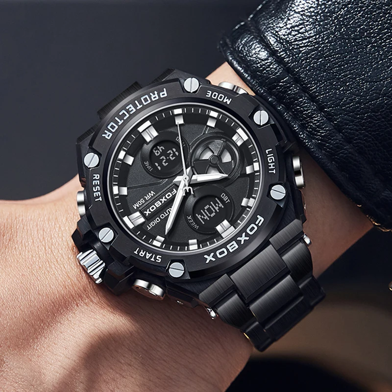FOXBOX Top Brand Luxury Digital Sport Watch For Men Steel Waterproof Chronograph Clock Fashion Luminous Quartz Wrist watches Man