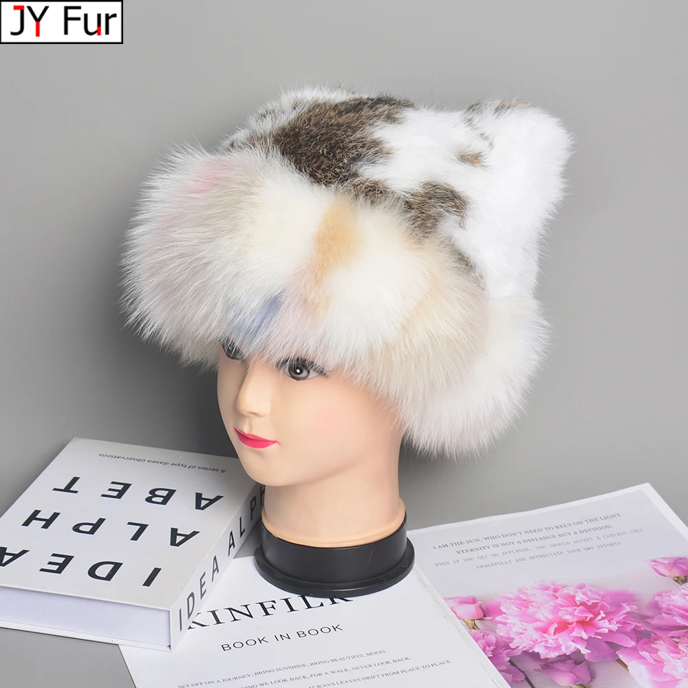 

New Style Women Outdoor Winter Warm Natural Fox Fur Hats Lady Knit Fur Cap Female Fashion Knitted Fluffy Real Rabbit Fur Hat