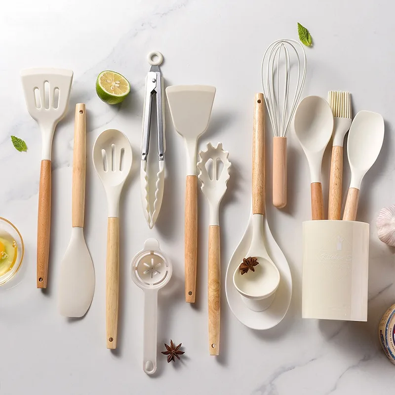 

14PCS Silicone Kitchenware Set Wooden Handle Non-Stick Kitchen Tools Cooking Spatula Set Baking Tools Household Gadgets