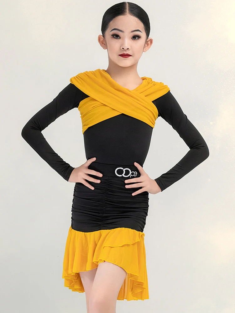 

Autumn Winter Kids Latin Dance Clothes For Girls Long Sleeves Suit Practice Wear Cha Cha Rumba Samba Dance Show Costume BL11373