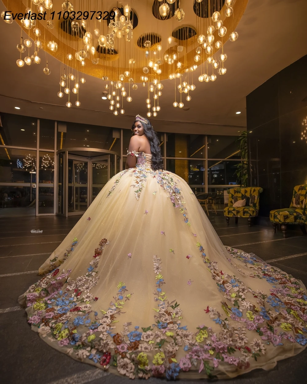 EVLAST Gold Floral Quinceanera Dress Ball Gown Colorful Applique Beading Corset Sweet 16 Vestido De 15 Anos QD1170