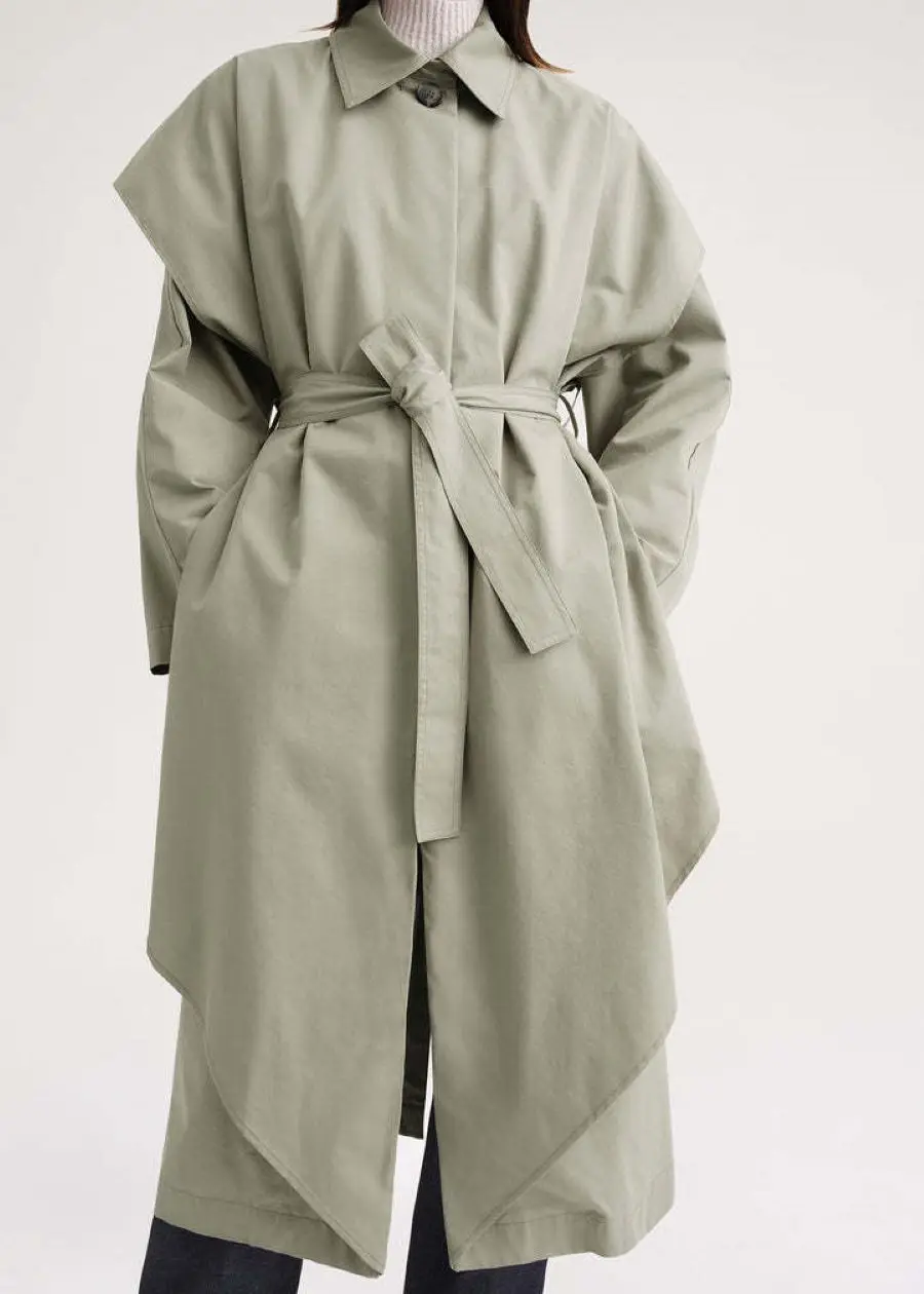 

Women Mid-Length Coat Lace Up Waist Turn Down Collar Fashion 2023 Autumn Winter Windbreaker
