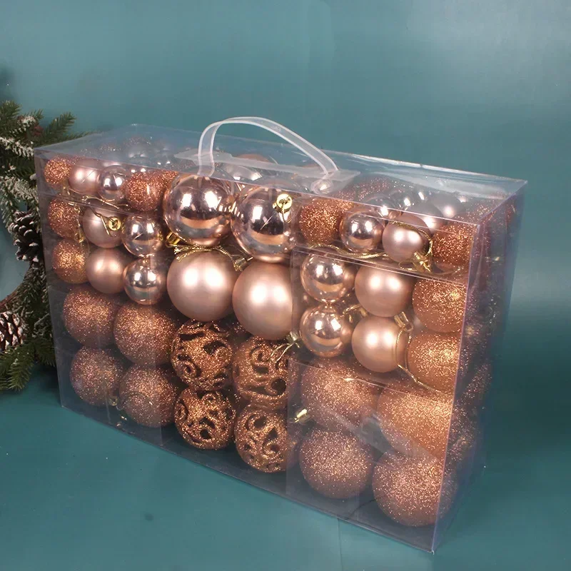 thumbnail image 1 of Juego de 100 bolas navideñas de 3, 4 y 6 cm en caja de PVC, brillantes, de color rosa mate, con bola colgante hueca para decoración de árbol de Navidad, 1 of 5