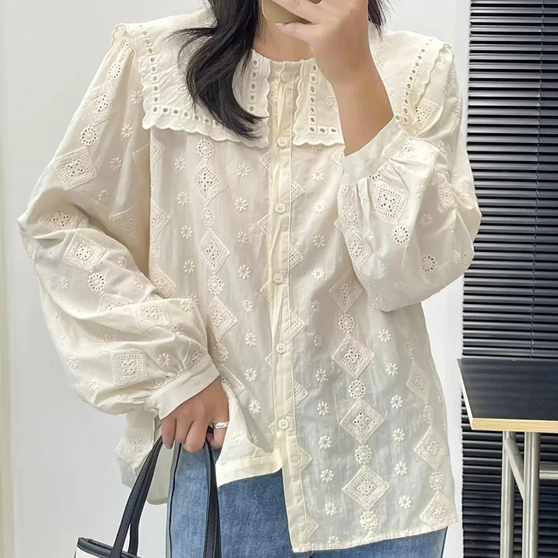 

Женская жаккардовая рубашка с большим отложным воротником, свободного покроя