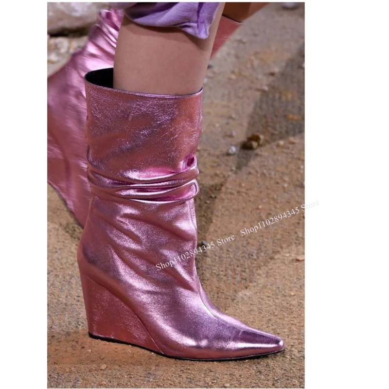 

Purple Wedge Pointed Toe Boots Mid Calf Shallow Fashionable Sexy Cool Winter Big Size Woman Shoes Zapatillas Mujer