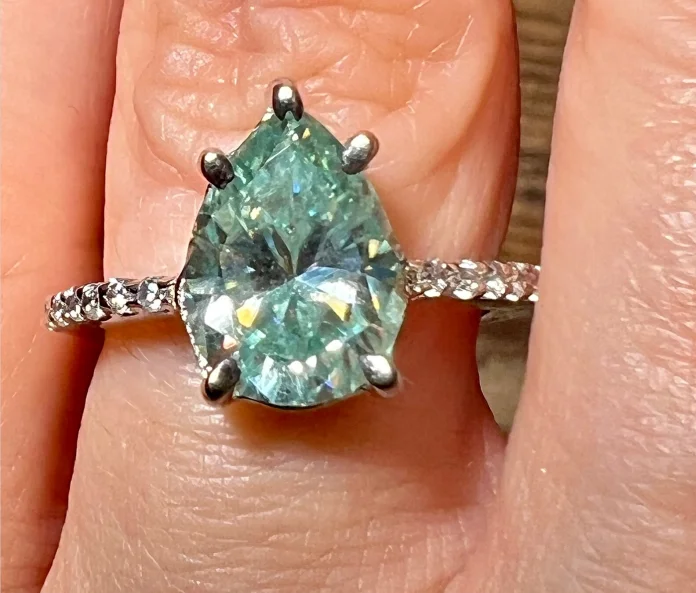 

Custom 3 Carat Blue-Green Pear-Shaped 14K White Gold Ring