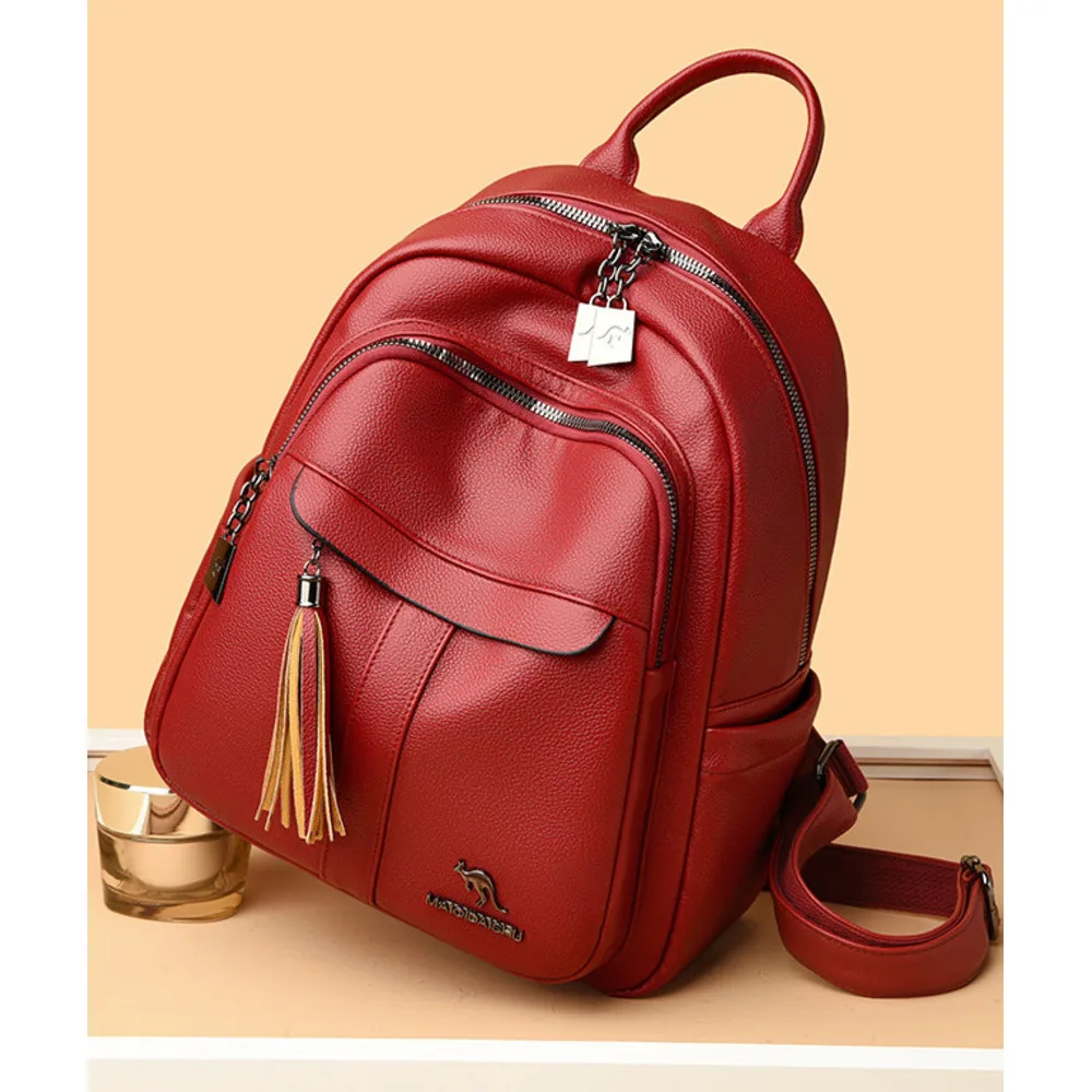 2024 New Street Trend Fashion PU Soft Leather Women's Large Capacity Backpack Travel Bag Tassel Design_voghion.com