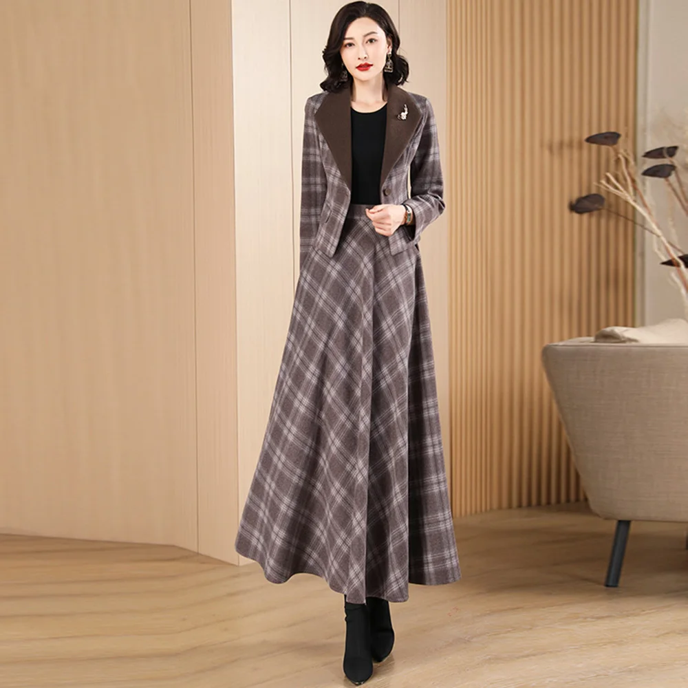 New Women Woolen Skirt Suits Spring Autumn Fashion Turn-down Collar Slim Suit Jacket And Empire Wait Long Skirt Two-pieces Set railway empire down under pc