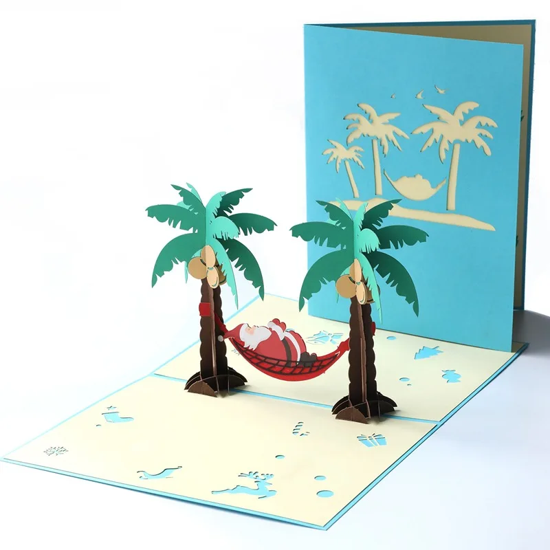 

3D Pop Up It Christmas Holidays Thank You Cards With Envelope Greeting Card Cartoon Santa Beach Postcards Xmas Gifts Decorations