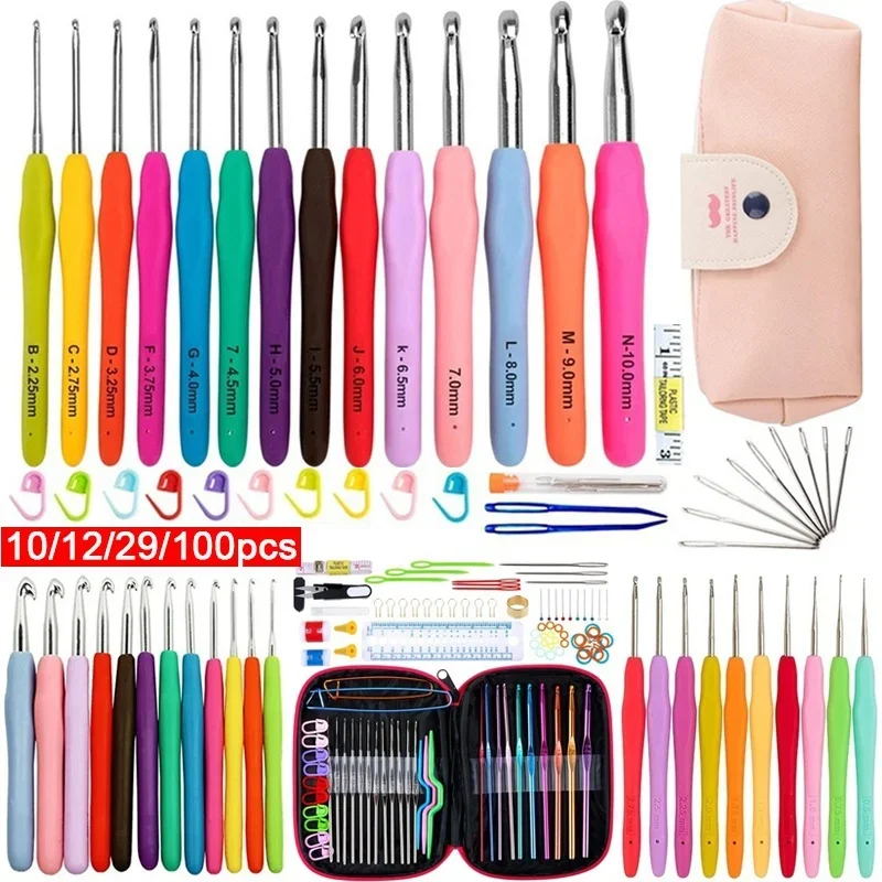 Crochet Needles 10/12/29/100Pcs Crochet Hook Set Yarn Crochet Kit Knitting Needles with Ergonomic Handles For Hands