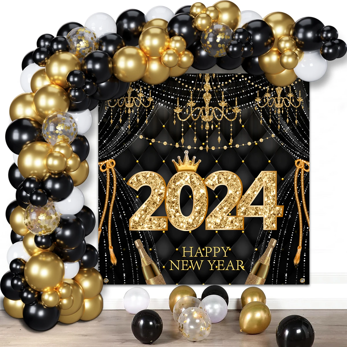 black gold new years balloons 2024