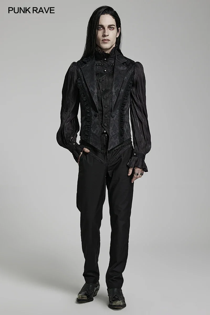 PUNK RAVE Men's Gothic Gorgeous Lace Decoration Asymmetric Lapel Waistcoat Unique Pointed Outline Elements Party Long Sleeve Top 4