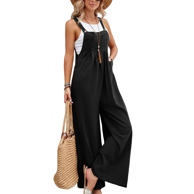 

2024 Women's Romper Overalls Suspender Trouser Casual Baggy Jumpsuit Women's Boho Style Solid Sleeveless Long Length Jumpsuit