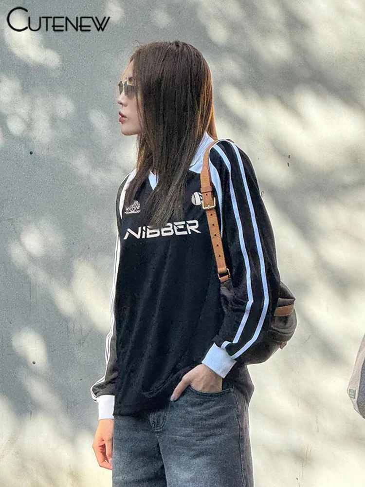 Casual Women Sweatshirts Panelled Letter Print Lapel Stripe Oversized Track Tops Female Basic Autumn New Streetwear Tees