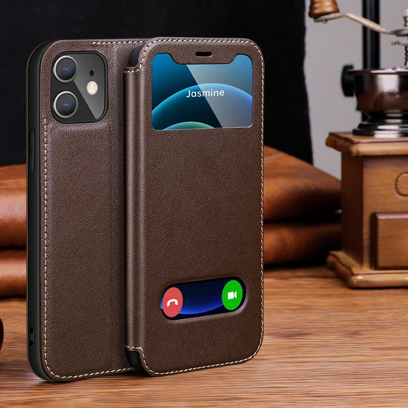 Luxury Genuine Leather Flip Cover with Window - Premium Book-Style Case