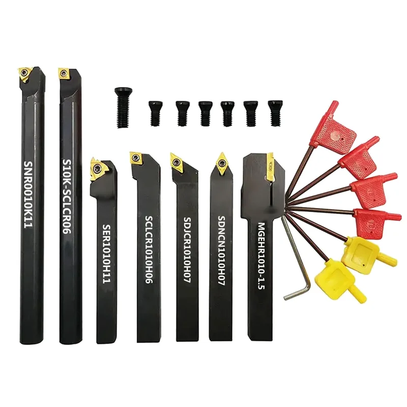 

3/8Inch 10mm Shank Indexable Carbide Lathe Turning Tool Holder Set Tools for Turning Grooving Threading Boring Bar