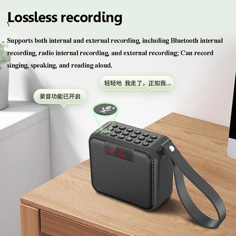 Mini Pocket Bluetooth Speaker LED Display FM Radio Lossless Internal External Recording Wireless Music Box Soundbar Timed off