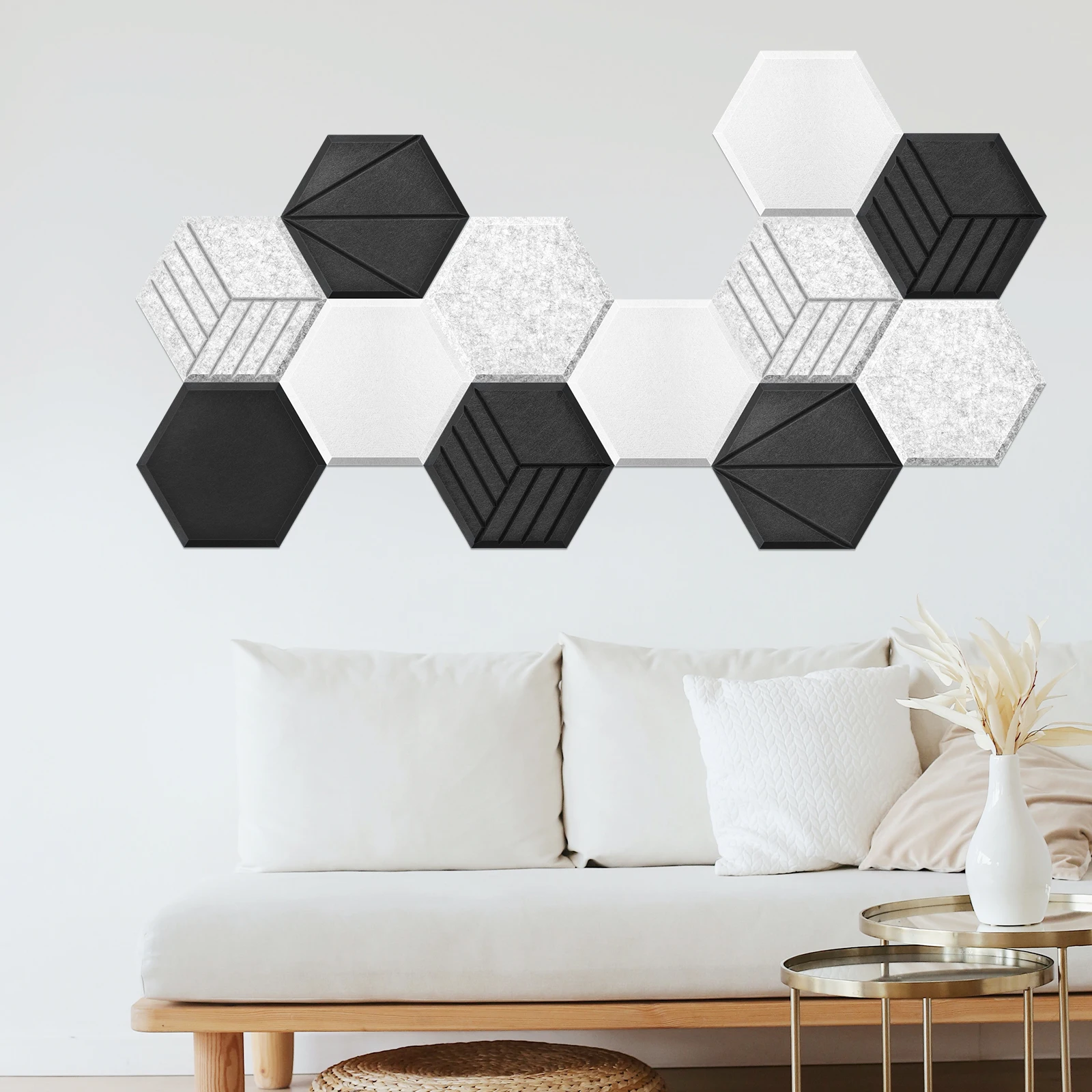 

Self-Adhesive 12 PCS Acoustic Panels Soundproof Hexagon Wall Panels High Density Sound Absorbing Tiles（14X 12X 0.4inch）