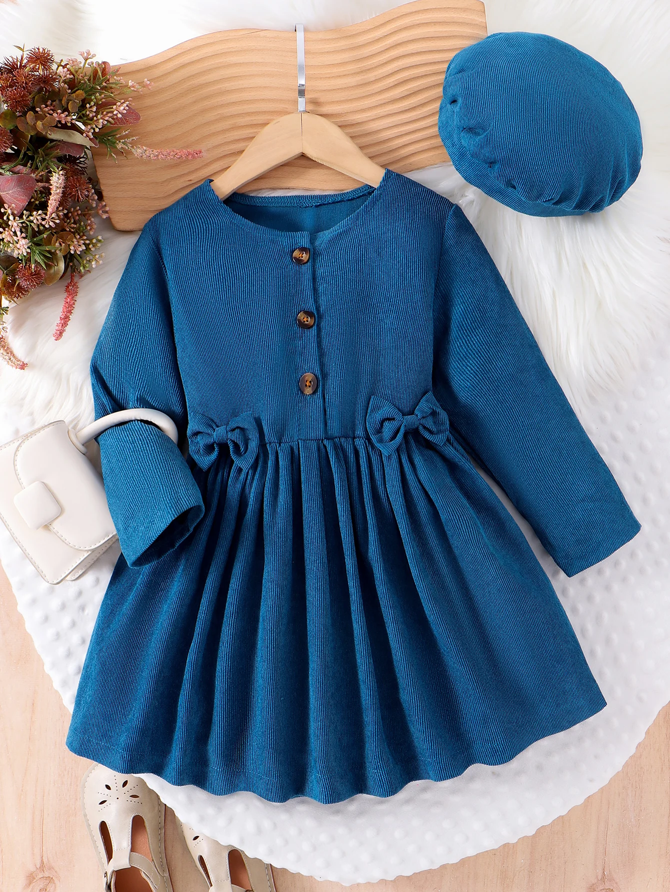 2 قطعة جديد الخريف والشتاء فتاة طفلة 4-7 سنة حلوة ومريحة فستان بأكمام طويلة + قبعة