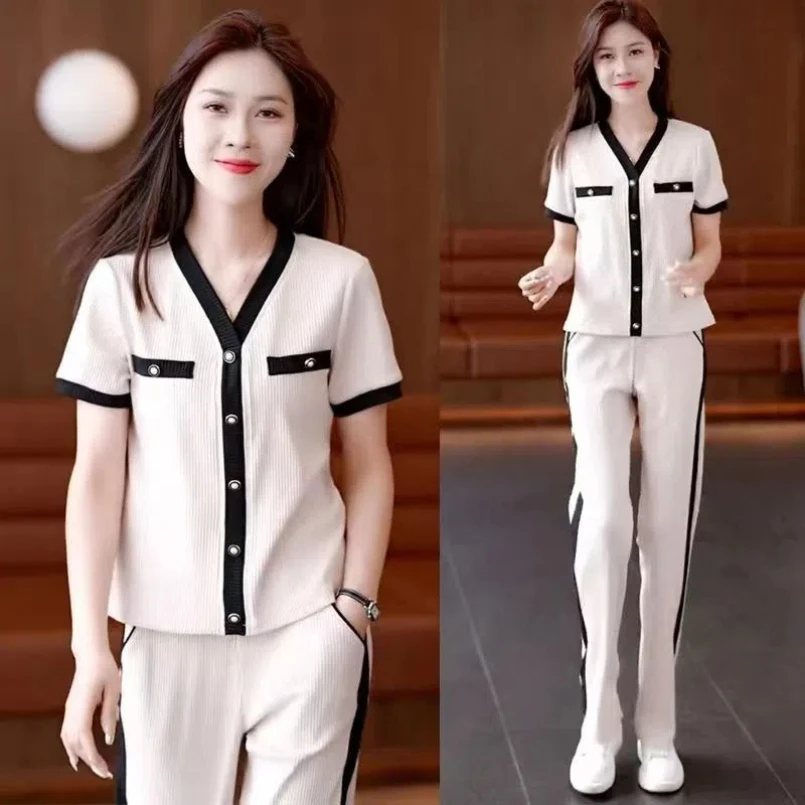 Ice Silk Casual Sports Set Women's Summer New Western Style Small Fragrant Wind Fashionable Wide Leg Pants Two Piece Set