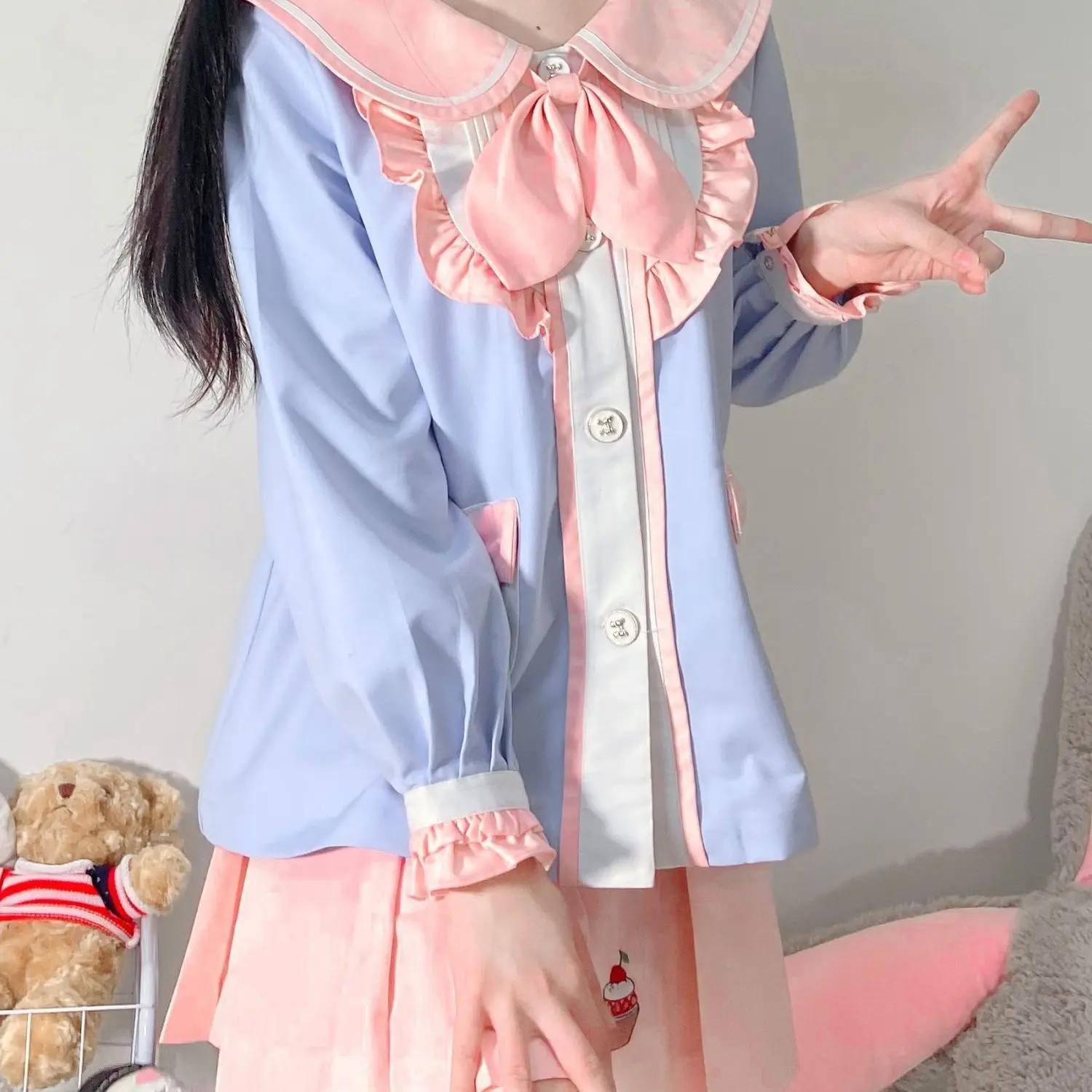 Japan JK Chic 2 Piece Sets Women Clothing Sailor Collar Embroidery Shirt A-line Pleated Mini Shirt Outfits Sweet Y2k Suit