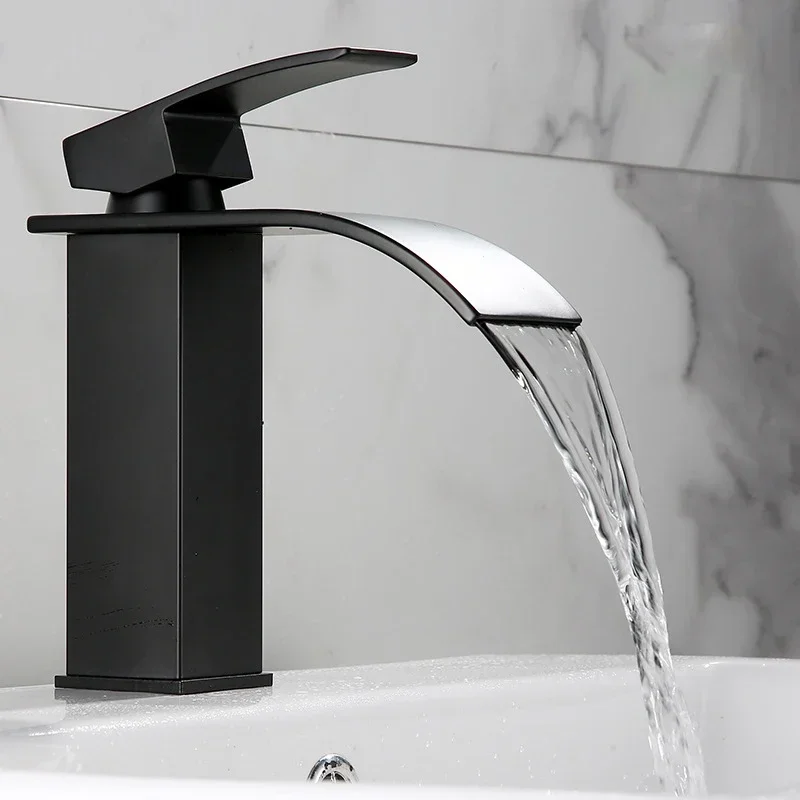 

Black Stainless Steel Waterfall Bathroom Basin Faucet Sink Faucet Square Basin Single Handle Hot and Cold Basin Faucet