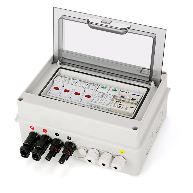 태양광 태양광 PV 결합기 상자, 번개 보호, 2 입력 1 출력 DC 600V 퓨즈 MCB SPD 방수 상자, IP65