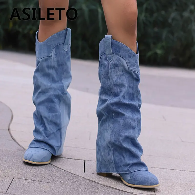 

ASILETO Western Cowboy Female Knee High Boots Round Toe Chunky Heels 6cm Slip On Denim Plus Size 46 47 48 Leisure Daily Shoes