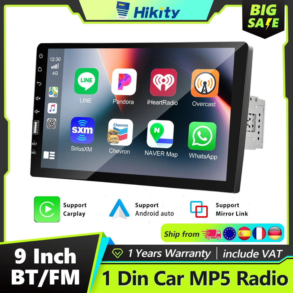 Radio samochodowe Hikity 9 cali z CarPlay i Android Auto, 1DIN, z Bluetooth, odbiornikiem FM, odtwarzaczem MP5, stereo, funkcją Mirror Link i ładowaniem USB.