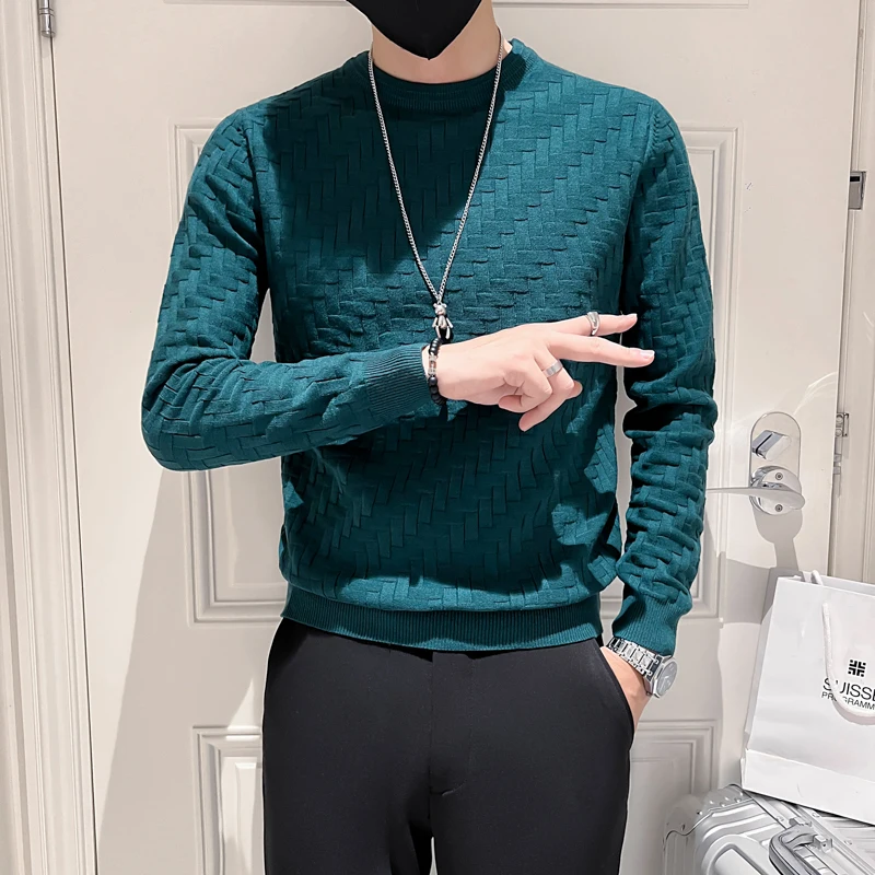 Solid Color Crew-neck Warm Sweater/ High Quality Men Fall Winter Diamond Shaped Lattice Slim Fit Leisure Korean Knit Pullover