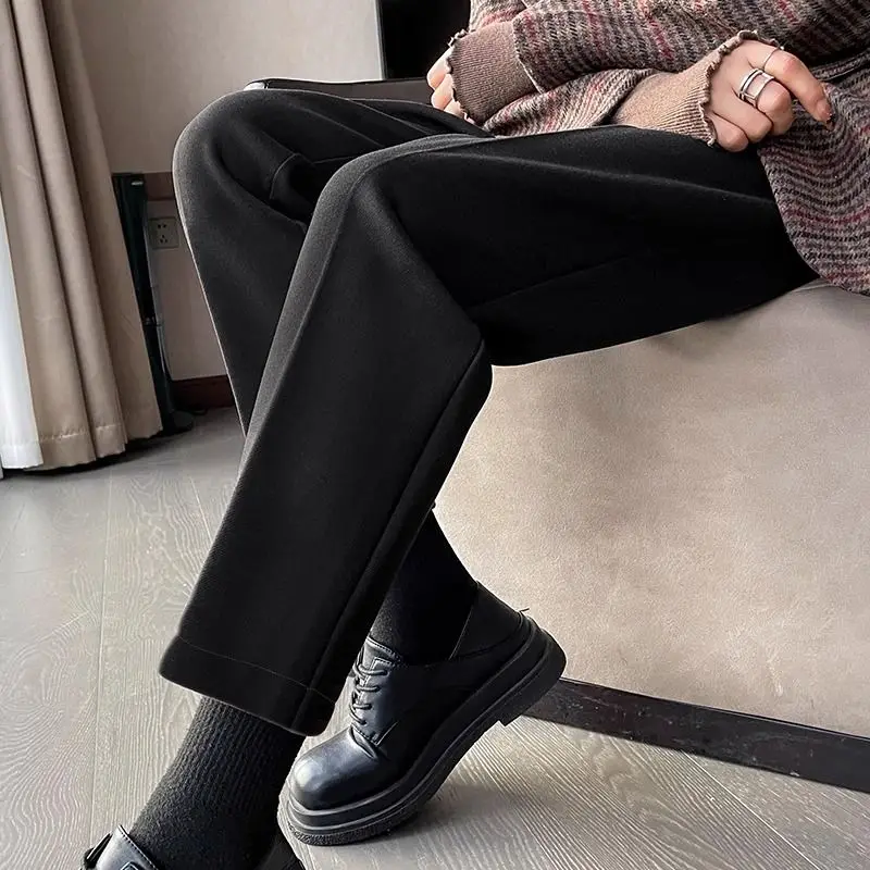 Semplicità Autunno Donna Pantaloni da abito in lana Tasche solide Bottoni Elastico a vita alta Pantaloni dritti alla caviglia addensati alla moda 4