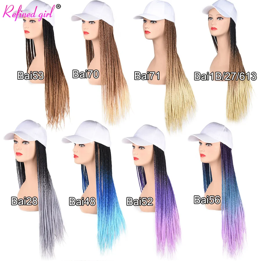Baseball Cap Wig 24 inch long Ombre Blonde Braiding Hair with Hat Braided Box Braids Attached for Women Hat with Hair Extensions