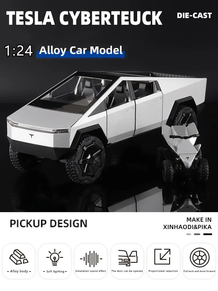 1:24 Tesla Cyberpunk Pickup Truck Model Alloy Simulation Sound And Light Pull Back Off-Road Vehicle Boys Collection Decoration 2