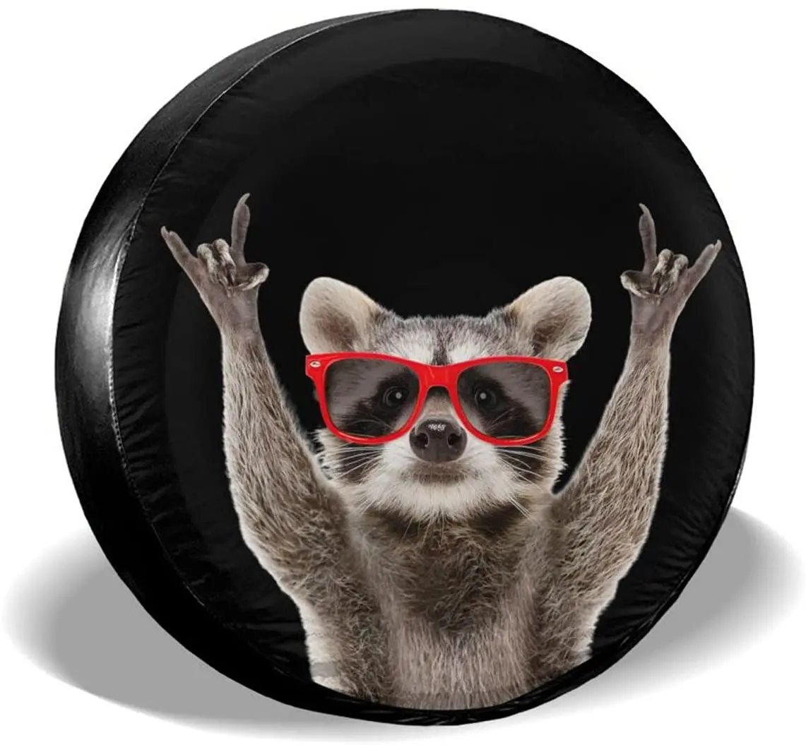 

Funny Raccoon Red Sunglasses Spare Tire Cover Compass Wheel Protectors Weatherproof for Camper Trailer RV SUV Sunscreen Dustproo