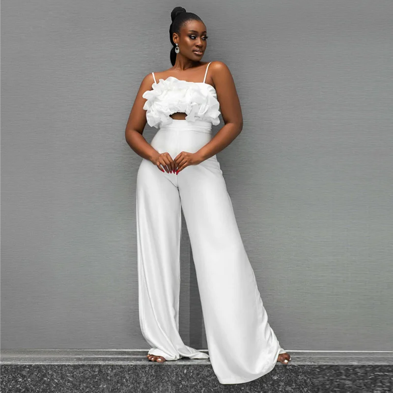 

2023 Women Summer Sexy Party Evening Jumpsuits Fashion Solid Color Sleeveless High Waist Spaghetti Strap Wide Leg Jumpsuits
