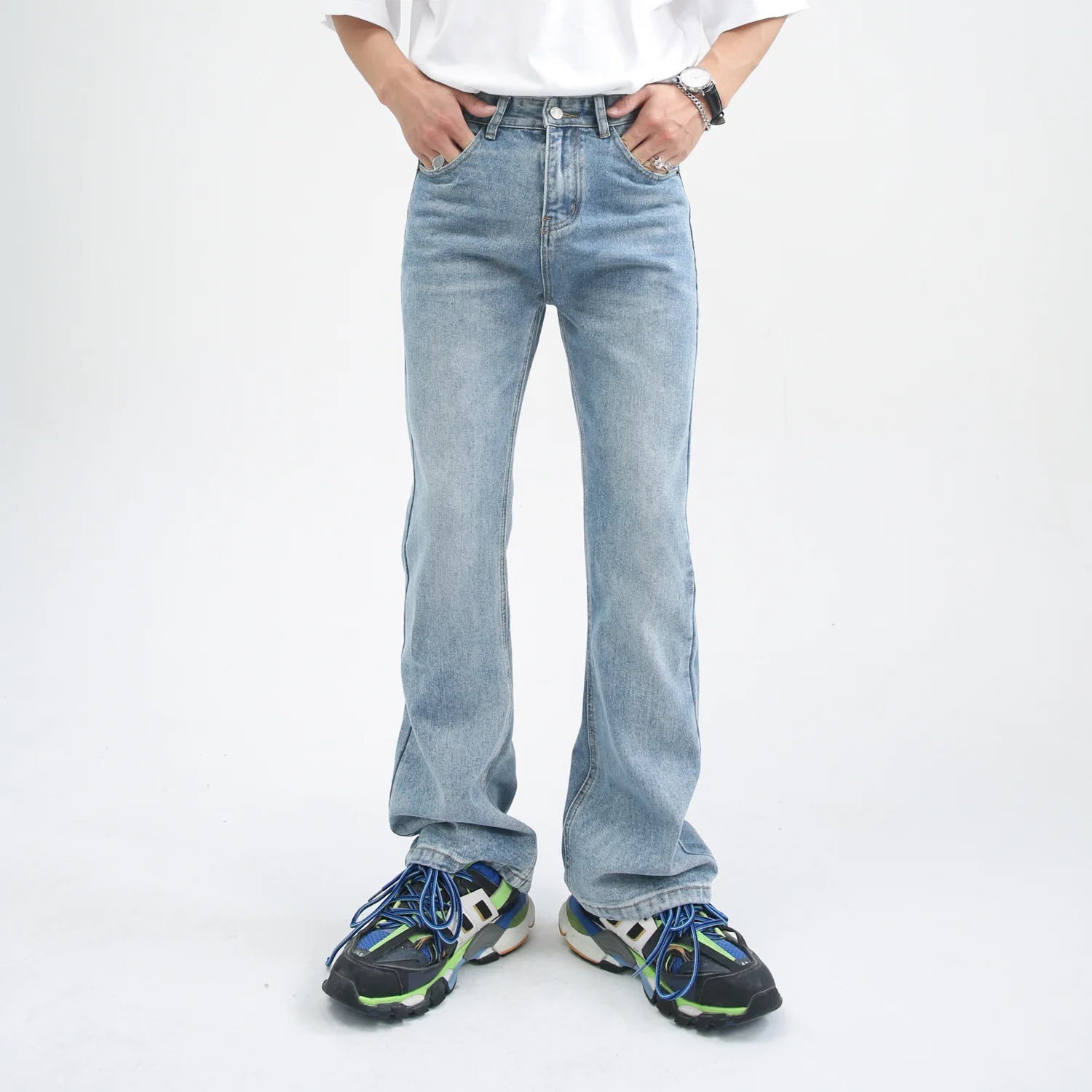 Male Japan Korea Style Vintage Denim Trousers Pant Men High Street Hip Hop Casual Hole Small Flare Jeans Pant 2