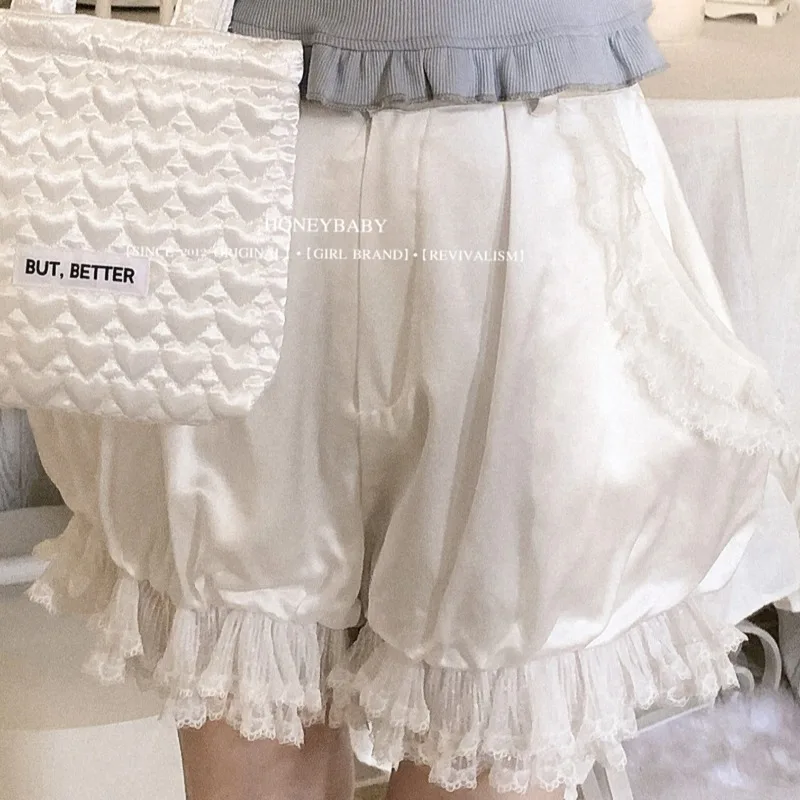 Satin Shorts High Waist Lace Artificial Silk Japanese-Style Retro Design Leggings Pumpkin Pants Women's Shorts Kawaii Clothes