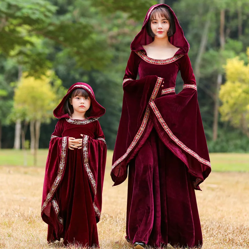 

Woman Vintage Medieval Court Velvet long Skirt Flared Sleeves Dress Kids Hood Vampire Witch Cosplay Halloween Carnival Costume